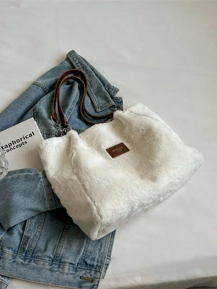 Foufurieux Large Tote Bag Women Faux Fur Big Shopper Winter Shoulder Side Bag
