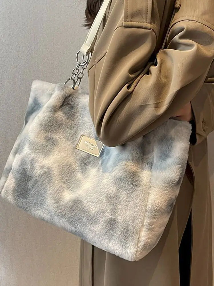 Foufurieux Large Tote Bag Women Faux Fur Big Shopper Winter Shoulder Side Bag