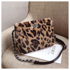 Leopard Print Fox Fur Shoulder Bag for Women Handbag