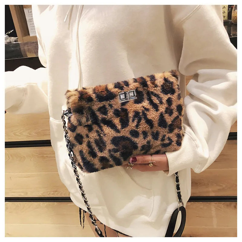 Leopard Print Fox Fur Shoulder Bag for Women Handbag