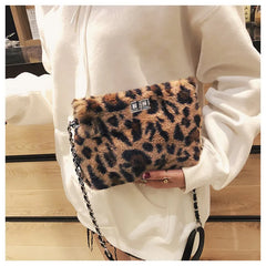 Leopard Print Fox Fur Shoulder Bag for Women Handbag