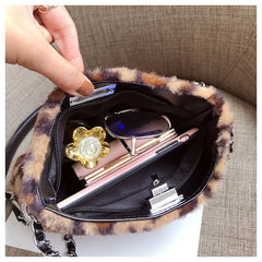 Leopard Print Fox Fur Shoulder Bag for Women Handbag
