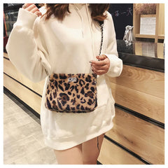 Leopard Print Fox Fur Shoulder Bag for Women Handbag