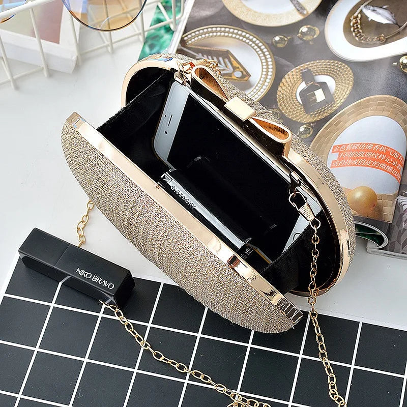 Golden Evening Clutch Bag Bridal Metal Bow Clutches Bag