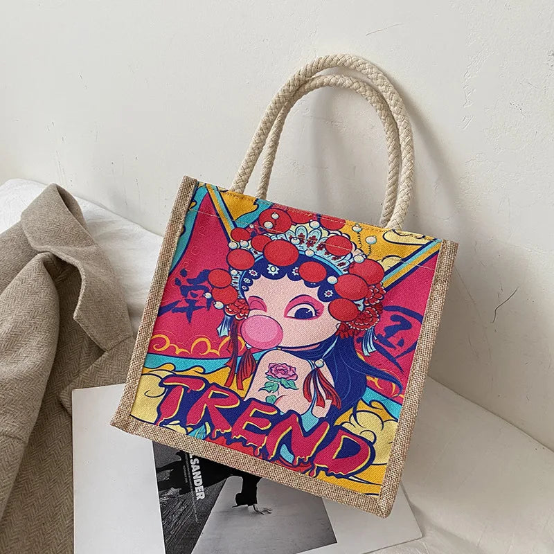 Striped Canvas Tote Bag High Women Girls Beach Handbag