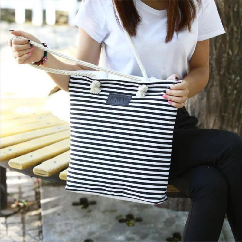 Striped Canvas Beach Tote Bag High Women Girls Shoulder Handbag