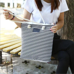 Striped Canvas Beach Tote Bag High Women Girls Shoulder Handbag