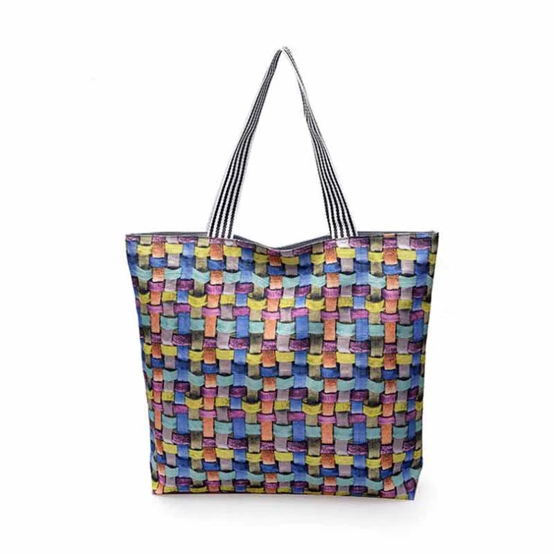 Large Striped Canvas Tote Beach Bag, Multicolor Shoulder Handbag for Women Girls