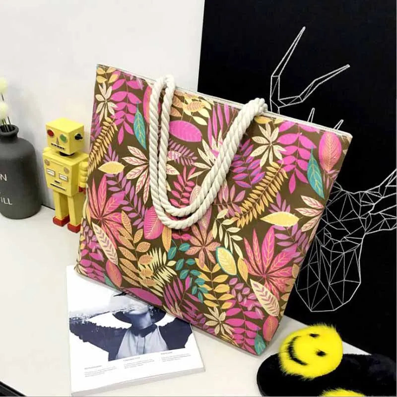 Canvas Striped Shoulder Tote Beach Bag for Women - Colored Stripes