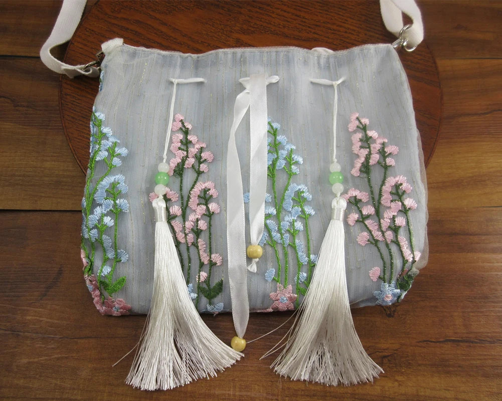 Vintage Ethnic Hippie Bohemian Embroidery Floral Strawstring Shoulder Bag