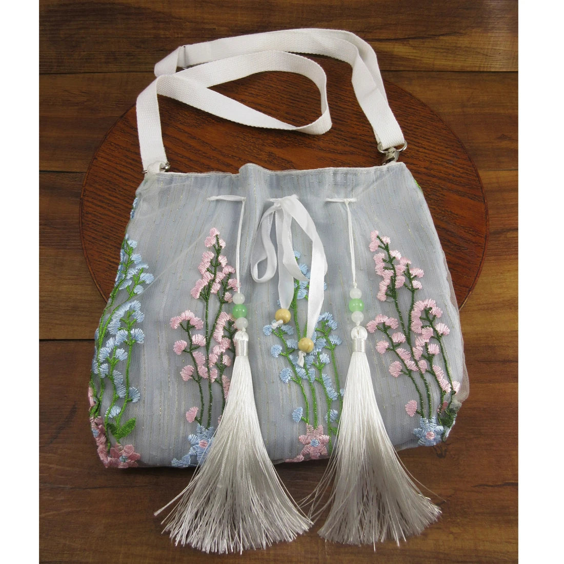 Vintage Ethnic Hippie Bohemian Embroidery Floral Strawstring Shoulder Bag