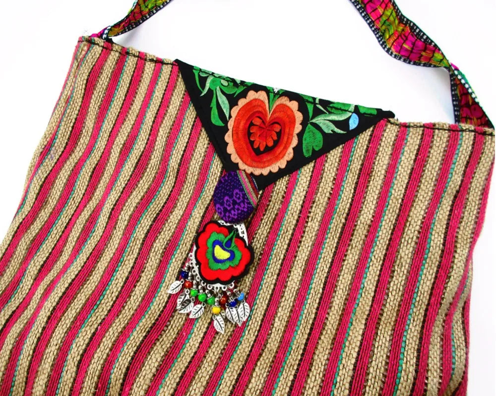 Vintage Ethnic Embroidery Floral Cross Body Purse Bag Hmong Boho Trim