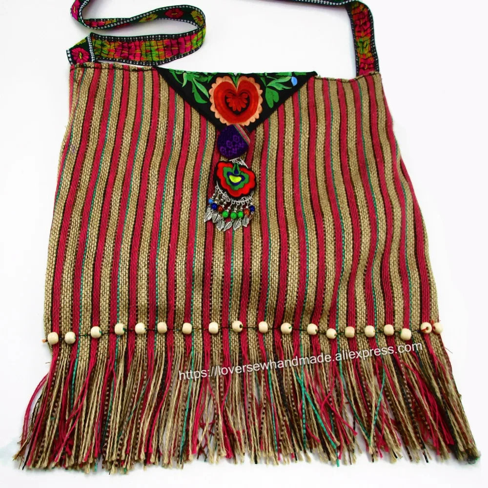 Vintage Ethnic Embroidery Floral Cross Body Purse Bag Hmong Boho Trim