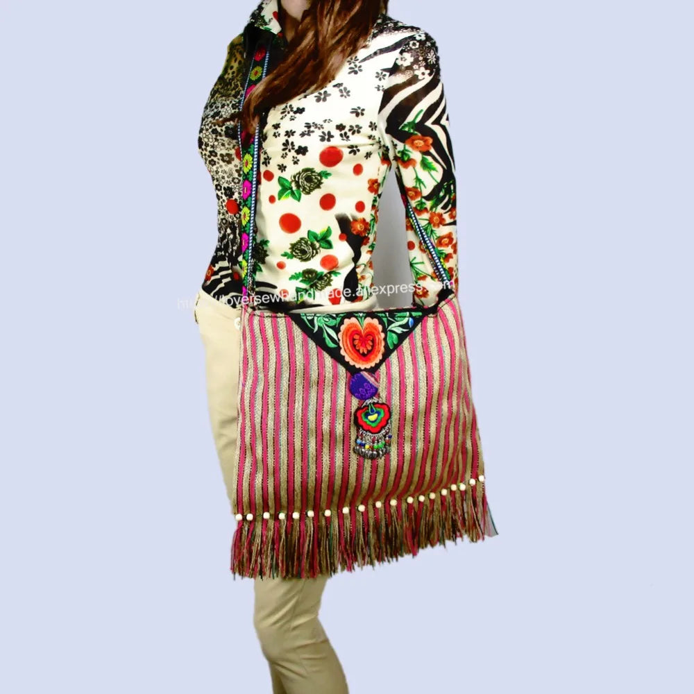 Vintage Ethnic Embroidery Floral Cross Body Purse Bag Hmong Boho Trim