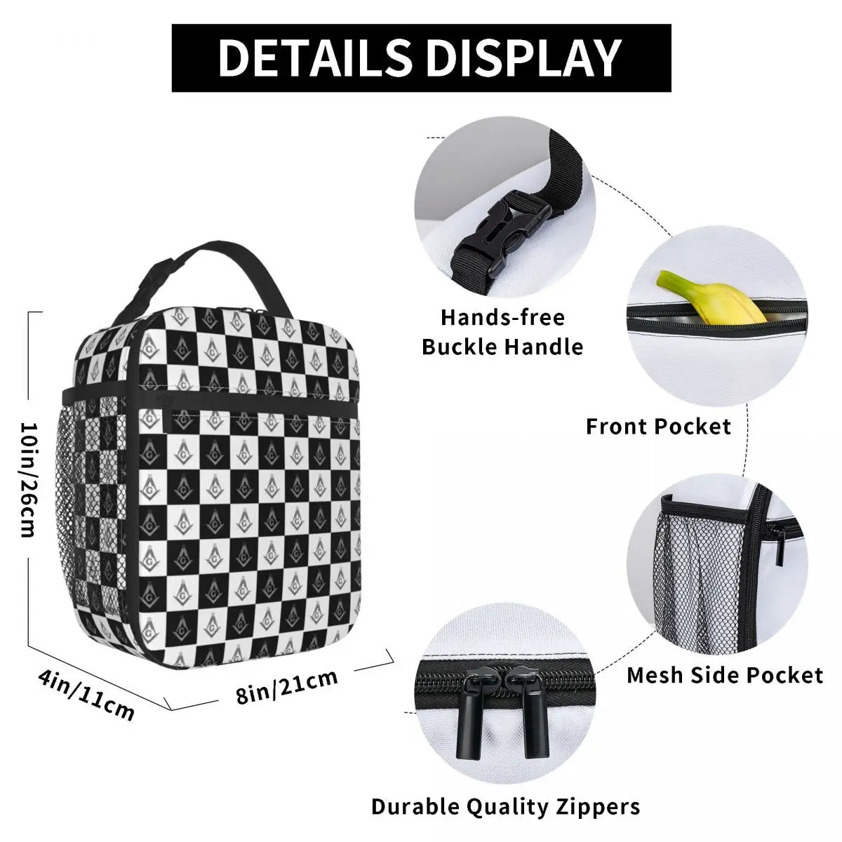 Freemason Checkered Pattern Insulated Lunch Bag - Masonic Cooler Thermal Lunch T