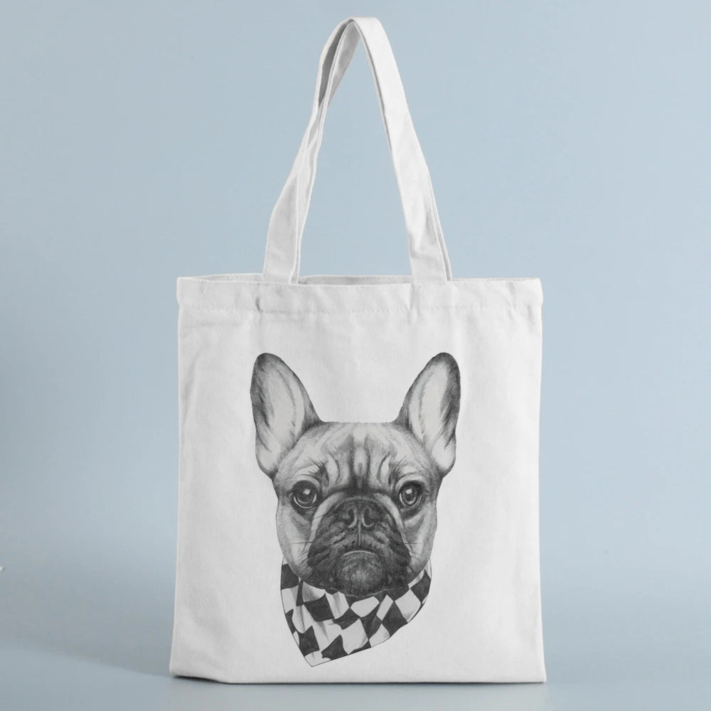 French Bulldog Ladies Handbags Canvas Tote Dog Lover Bag Eco Reusable Shoulder S