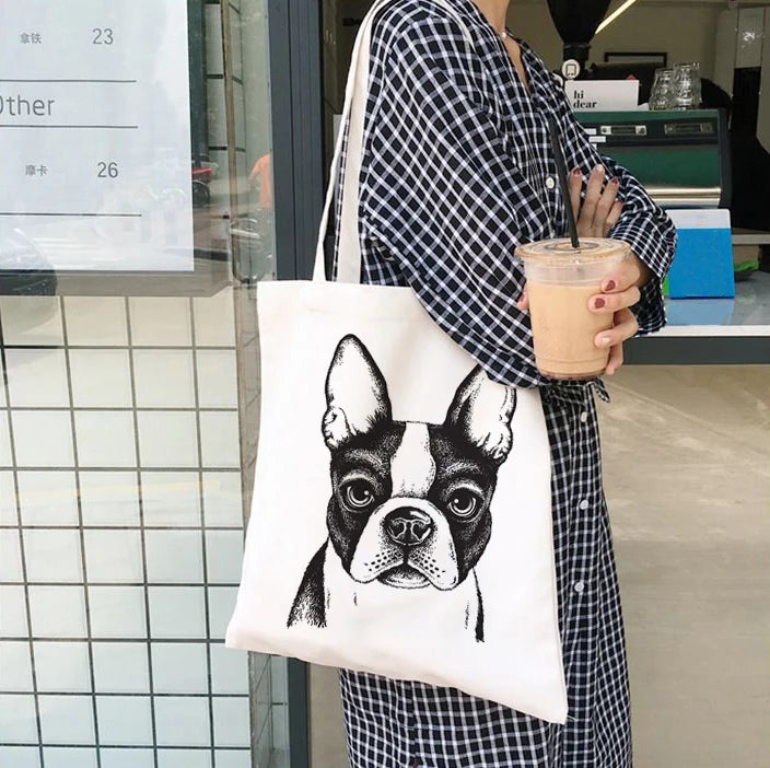 French Bulldog Ladies Handbags Canvas Tote Dog Lover Bag Eco Reusable Shoulder S