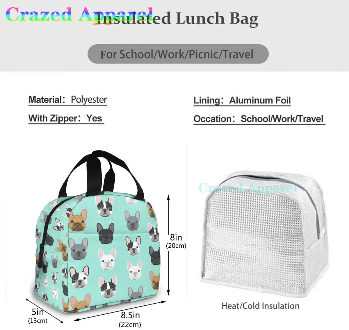 French Bulldog Insulated Lunch Bag Portable Thermal Cooler Box Reusable