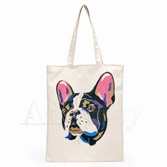 French Bulldog Canvas Bag Large Capacity Storage Handbag Shoulder Tote Reusable
