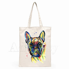 French Bulldog Canvas Bag Large Capacity Storage Handbag Shoulder Tote Reusable