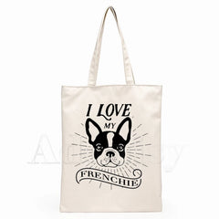 French Bulldog Canvas Bag Large Capacity Storage Handbag Shoulder Tote Reusable