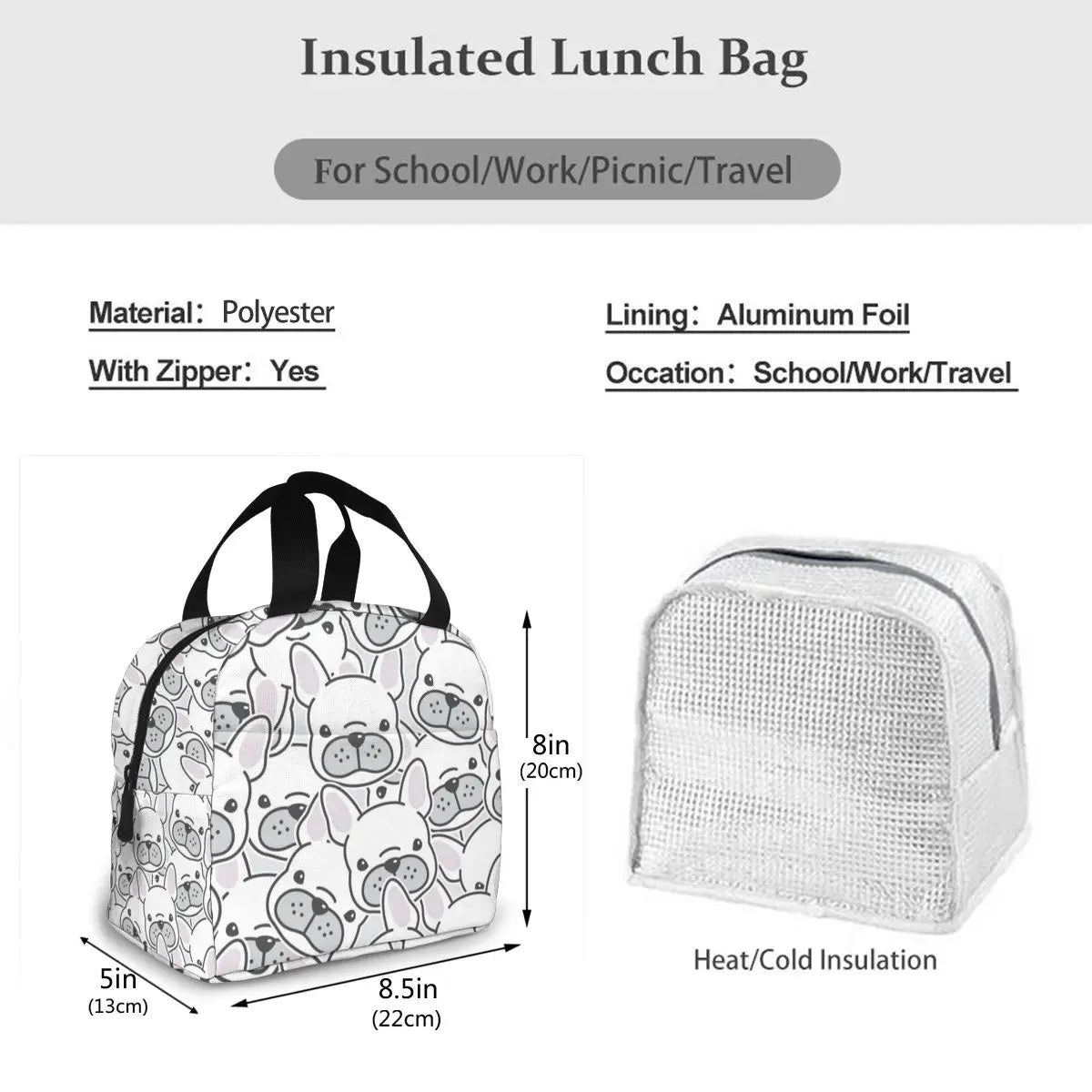 French Bulldog Puppy Face Dog Head Pattern Cooler Bag Zipper Thermal Lunch Box