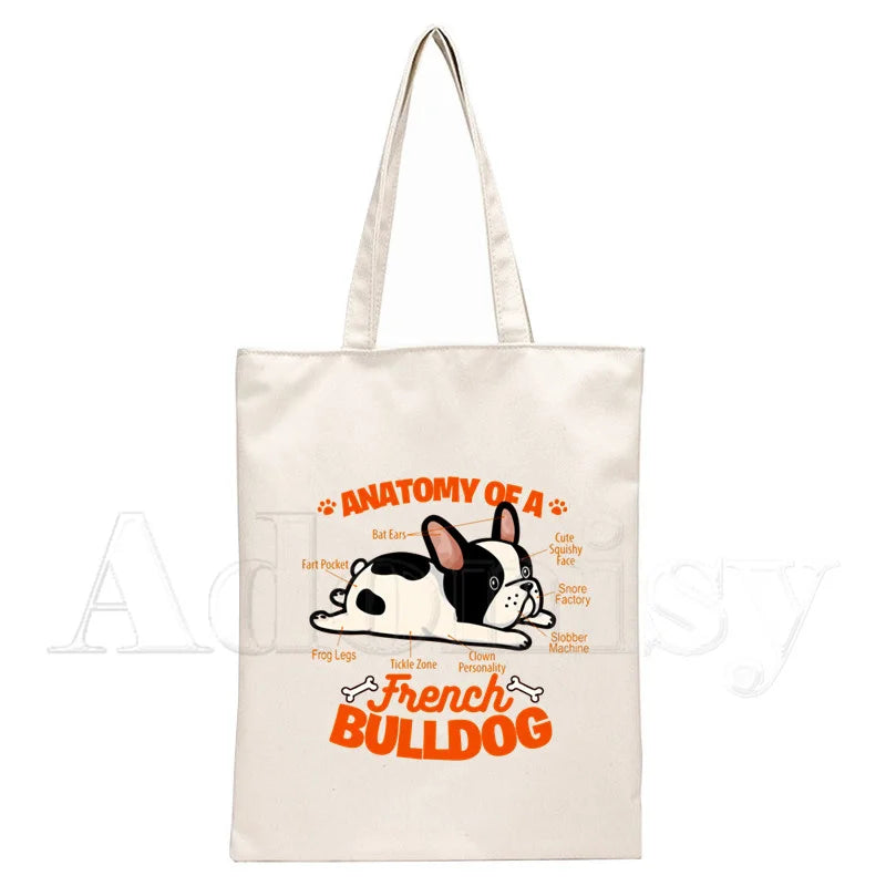 French Bulldog Canvas Shopping Bag Eco Handbag Tote Reusable Grocery Shopper