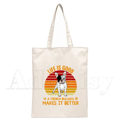 French Bulldog Canvas Shopping Bag Eco Handbag Tote Reusable Grocery Shopper