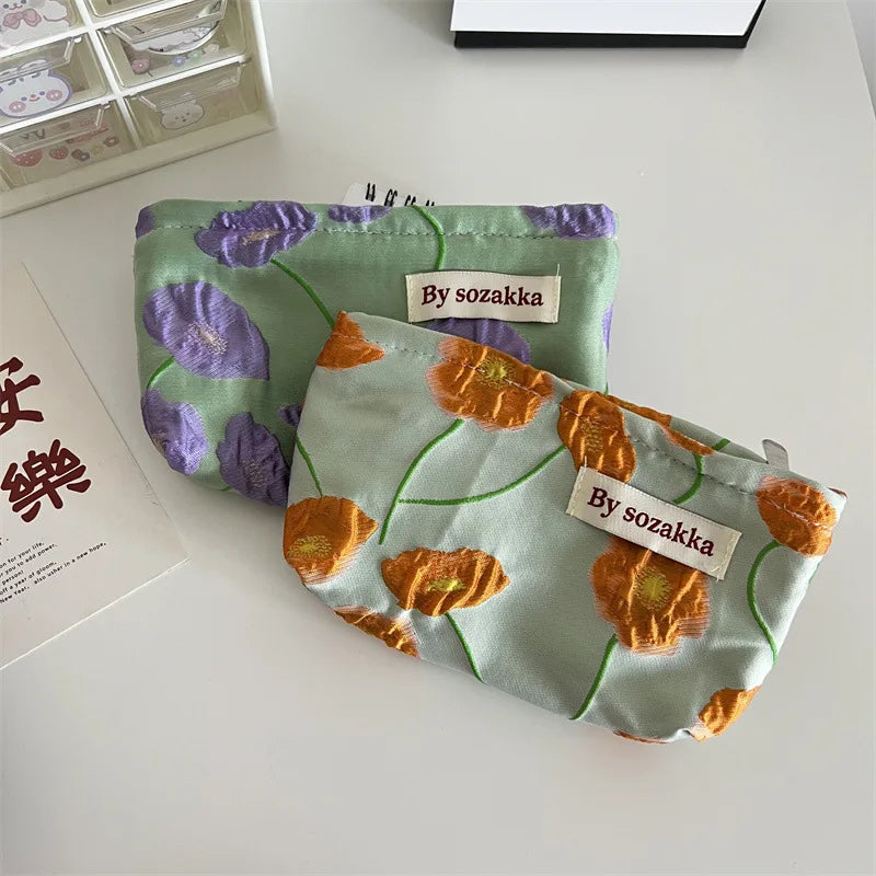 French Embossed Flowers Print Cosmetic Bag Portable Handbag