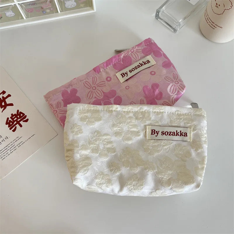 French Embossed Flowers Print Cosmetic Bag Portable Handbag