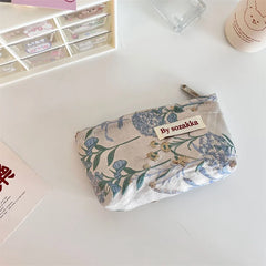 French Embossed Flowers Print Cosmetic Bag Portable Handbag