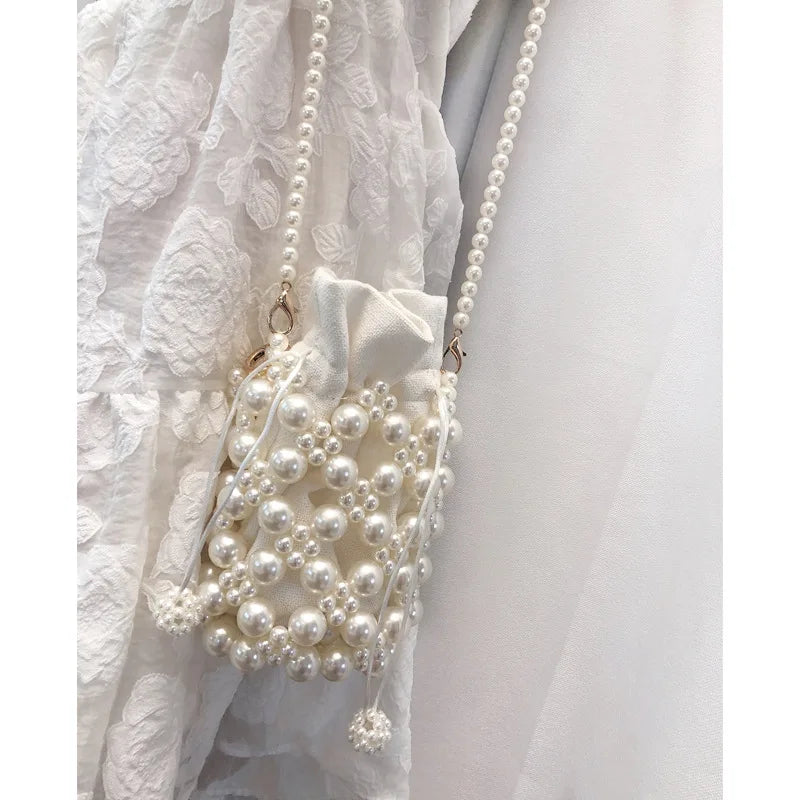 French Hand Woven Beaded Pearl Bucket Bag Hand Carried Messenger Bag