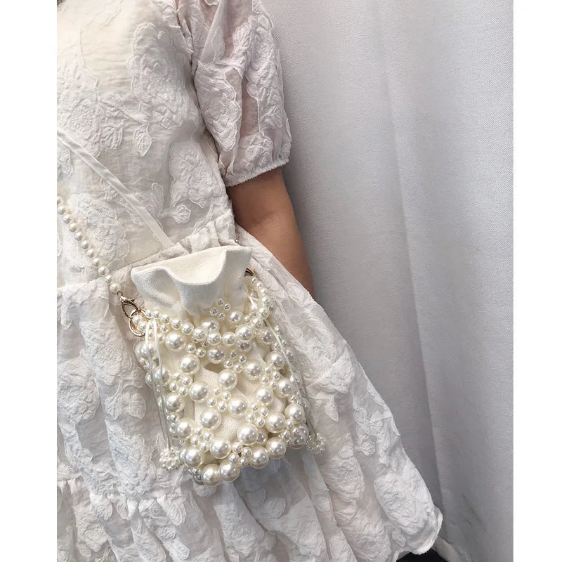 French Hand Woven Beaded Pearl Bucket Bag Hand Carried Messenger Bag