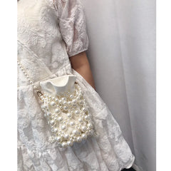 French Hand Woven Beaded Pearl Bucket Bag Hand Carried Messenger Bag