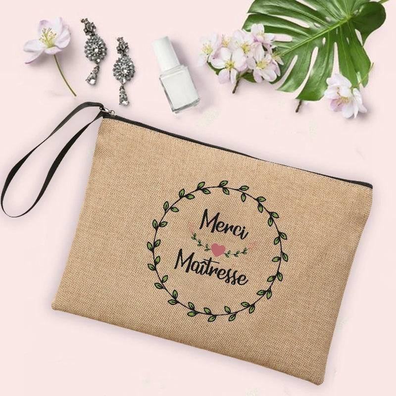 French Print Cosmetic Bags Women Neceser Makeup Bag Linen Zipper Pouch