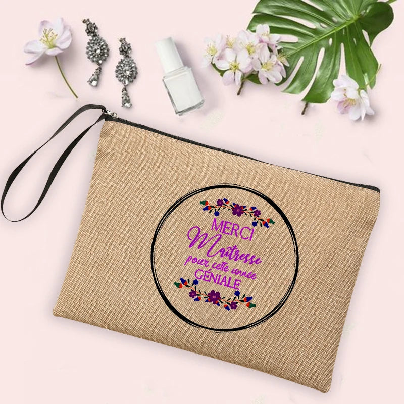 French Print Cosmetic Bags Women Neceser Makeup Bag Linen Zipper Pouch