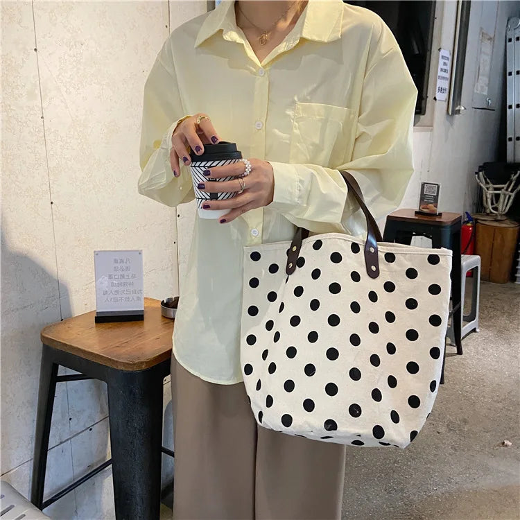 French Retro Dot Women Canvas Handbags Smiley Ladies Picnic Bucket Bag
