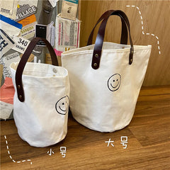 French Retro Dot Women Canvas Handbags Smiley Ladies Picnic Bucket Bag