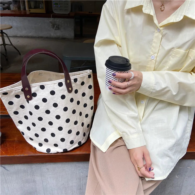 French Retro Dot Women Canvas Handbags Smiley Ladies Picnic Bucket Bag