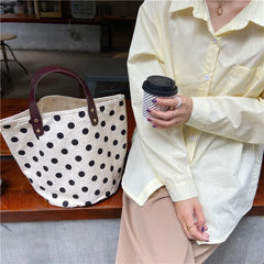 French Retro Dot Women Canvas Handbags Smiley Ladies Picnic Bucket Bag