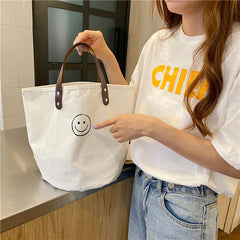 French Retro Dot Women Canvas Handbags Smiley Ladies Picnic Bucket Bag