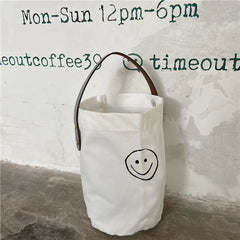 French Retro Dot Women Canvas Handbags Smiley Ladies Picnic Bucket Bag