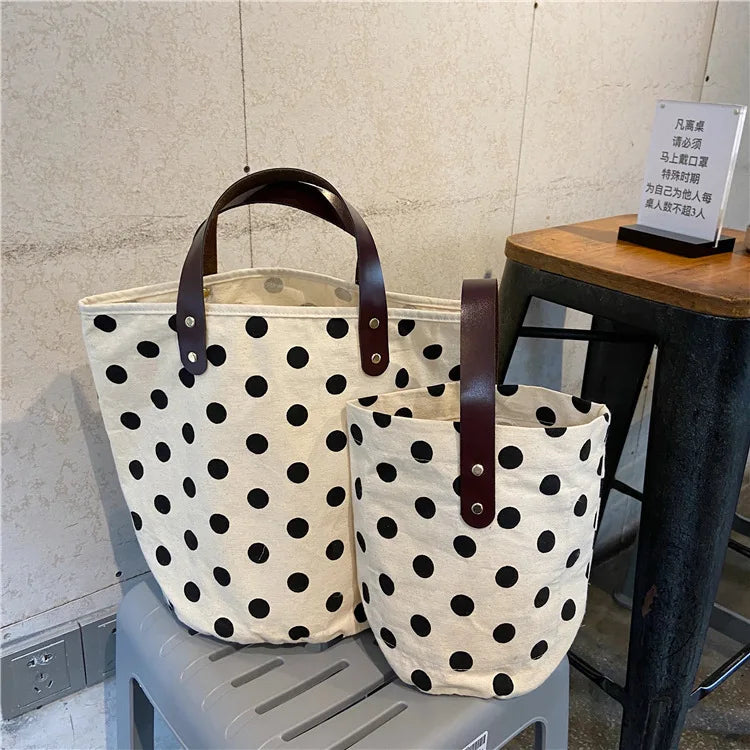 French Retro Dot Women Canvas Handbags Smiley Ladies Picnic Bucket Bag