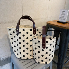 French Retro Dot Women Canvas Handbags Smiley Ladies Picnic Bucket Bag