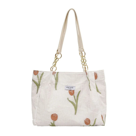 French Sweet Ladies Shoulder Bag Summer Tulip Flowers Tote Bag with Zipper
