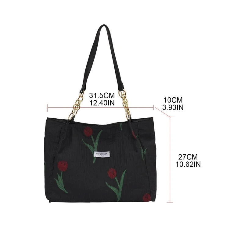 French Sweet Ladies Shoulder Bag Summer Tulip Flowers Tote Bag with Zipper