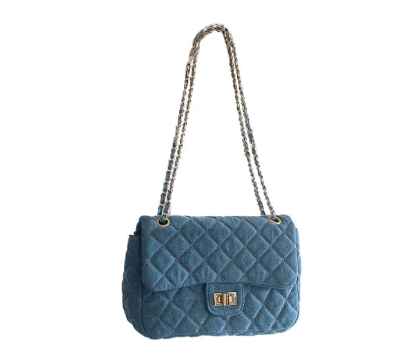 French Ribbed Denim Canvas Chain Shoulder Bag