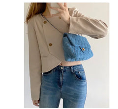 French Ribbed Denim Canvas Chain Shoulder Bag