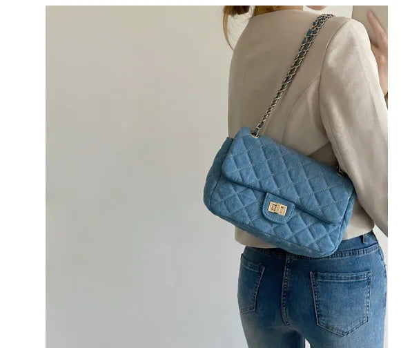 French Ribbed Denim Canvas Chain Shoulder Bag