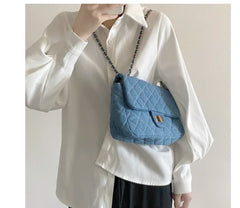 French Ribbed Denim Canvas Chain Shoulder Bag